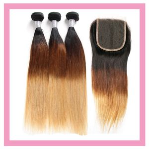 Brazilian Virgin Hair 1B 4 27 Ombre Human Hair Straight 3 Bundles With 4X4 Lace Closure With Baby Hair Straight 1B 4 27 Three Tones Color