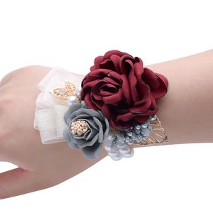 Dama de honra menina Wrist Corsage Silk Rose Flor Crystal Pearl frisada Hand Made Wedding fornece por atacado barato nupcial Flores