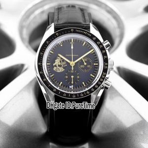 Новый Apollo 11 50 лет 310.20.42.50.01.001 VK Кварцевый хронограф Мужские часы черный циферблат Золото Черный кожаный ремешок Секундомер E02d4