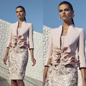 Carla Ruiz Chic Mother Of Bride Suits Dresses With Jacket Appliqued Knee Length Wedding Guest Dress for Mother 3 4 Long Sleeve Gow268S