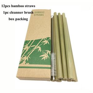 12шт / набор природы бамбуковая питьевая соломинки многоразовые экологически чистые кисточки портативный повторный повторный соломенный бар аксессуары