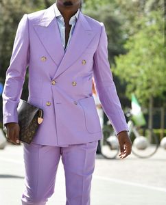 Işık Mor Erkek Takım Elbise Kruvaze Damat Düğün Smokin Adam Takım Elbise Desteklenen Yaka Slim Fit Balo Parti Blazer Ceket (Ceket + Pantolon)