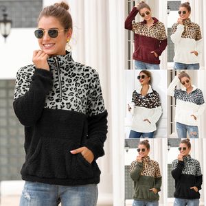 10 Styles Brasão com bolsos Mulheres Sherpa Leopard Patchwork capuz macio velo da camisola do inverno espessura quente camisola Outwear Tops M793