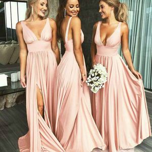 Elegant Blush Pink Bridesmaid Dress - Deep V-Neck, Backless with Slits, Plus Size Prom Gown