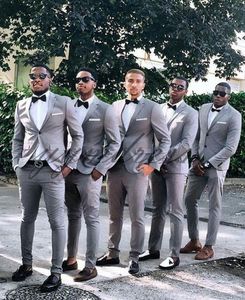 Gray Groomsmen Suits Two Button Slim Fit Mens Suit For Wedding Two Piece Wedding Tuxedos (Jacket+Pants+Bow)