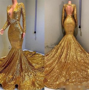 Gold 2019 Sparkly Sequints Mermaid Prompes Sexy Plunging V Neck Hollow Back Sweep Train Made Plus Long Roolves Evening Hown