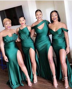 2023 Bridesmaid Dresses African Sexy Hunter Dark Green Long Mermaid Side Split For Weddings Floor Length Satin Formal Maid of Honor Gowns