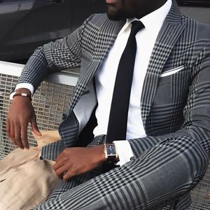 Ternos xadrez vintage masculinos cinza estilo britânico com lapela fina para noivos smoking para festa de casamento para homens terno formal para formatura (jaqueta + calça)