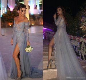 2019 Omuz Gece Elbiseleri Uzun Kollu Gri Seksi Yüksek Yarık Bir Çizgi Dantel Aplike Sequins Resmi Prom Partisi Elbise Pplique