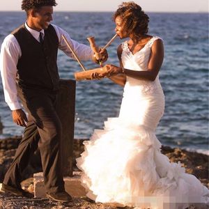 V Boyun Moda Denizkızı Elbiseleri Kayışlar Dantel aplike özel yapılmış fırfırlar dantelli Güney Afrika düğün gelin elbisesi