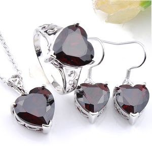 Luckyshine 3 Pcs Jóias Set clássico Vintage Set Coração vermelho do amor Garnet Gems Pingente de Prata Brinco Anel de casamento das mulheres embarques libertados