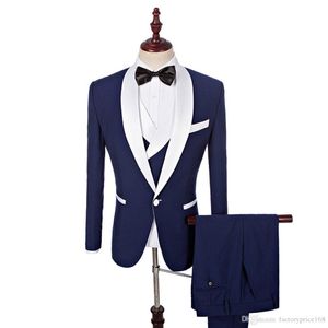Toptan Ve Perakende Lacivert Yeni Stil Damat Smokin Groomsmen Best Man Suit Erkek Düğün Takımları Damat (Ceket + Pantolon + Yelek + Kravat)
