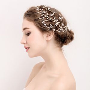 Оптовые - горный хрусталь Bridal Gold Leaf Hair Vine Pearls свадебные волосы ювелирные изделия клип женские аксессуары Handmade Headwear