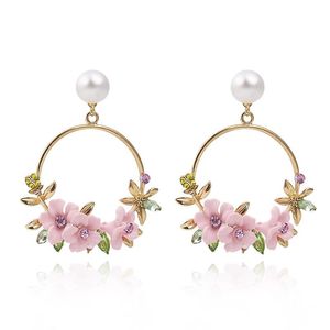 Fashion-1 par personalidade polímero argila sakura decorativo fronteira circular rhinestone pérola mulheres luxo dangle brincos