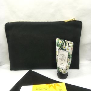 55 pçs / lote 7x10in preto saco de lona de algodão maquiagem bolsa de algodão preto simples caso cosmético para DIY impressão moda ouro de metal zip saco com forro