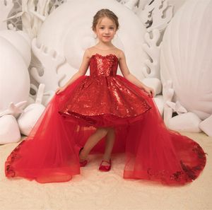 Sparkle Pulins Küçük Kızlar Pageant Elbiseleri 2023 Çıkarılabilir Tül Tren Balkown Hi Lo LO LO Noel Noel Doğum Günü Kokteyl Parti Önlükleri Bow Custom Made Made Low Red