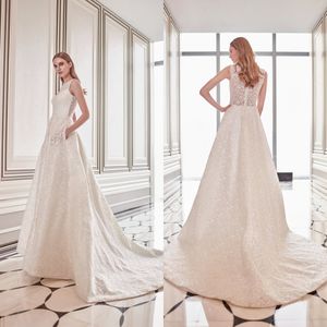 Os mais recentes Varrer A Linha Dany Tabet vestidos de casamento Jewel Neck mangas Applique Tulle Lace Ruched lantejoulas vestido de casamento Train robe de mariée