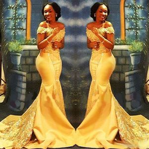 yellow african nigerian mermaid prom dresses off shoulders lace sequined satin evening party gowns formal arabic dresses