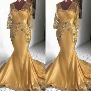 Denizkızı Afrikalı Altın Gelin Elbiseleri V. Boyun Boncuklu Uzun Kollu Düğün Konuk Elbisesi artı Beden Kadınlar Resmi Kıyafet