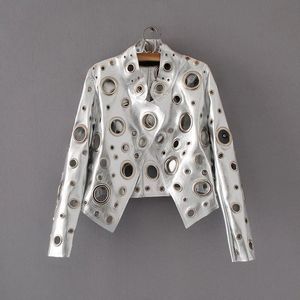 Women's Leather Jacket, Stylish Hollow Hole Rivet Motorcycle Short Leather Top