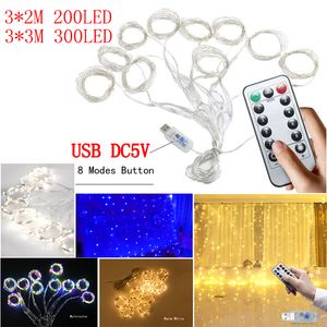 USB LED String Lights DC5V 3 * 3 m 3 * 2 m LED Luci per tende per finestre Telecomando Dimming Filo di rame Luce natalizia Decorazioni per feste di matrimonio