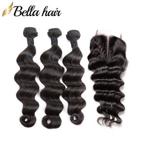 Bella Hair 100% необработанные пакеты волос девственницы человеческой девственницы с закрытием 4x4 свободные глубокие бразильские волосы 3 пакета и верхнее закрытие 4 шт. / Лот