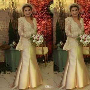 Gold Mother Of The Bride Dresses V Neck Lace Appliques With Jacket Plus Size Wedding Guest Dress Mermaid Evening Party Gowns Mothers Dress