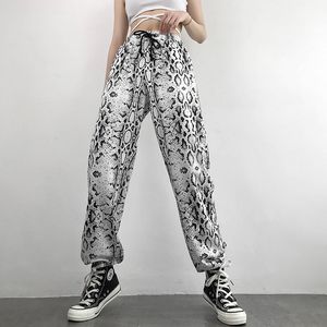 Yeni Tasarım Kadın Yılan Deri Deseni Baskı Elastik Bel Gevşek Işın Ayak Sweatpants Sports Sıradan Dans Pantolonları S M L