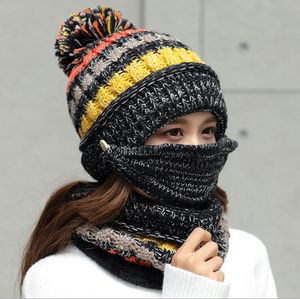 Beanie Eşarp Mask'ın 3adet Seti Kadın Kış Sıcak Tığ Earmuffs Örme Şapka Açık Windproof Cap