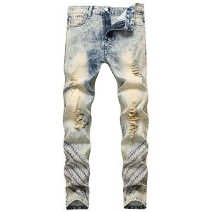Мужские джинсы светло-голубые ретро прилив национальный сисодержащий вышитый разорванный прямой вымытые брюки винтажные