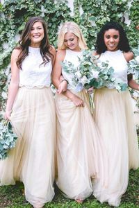 Yeni Ucuz Vintage İki Adet Gelinlik Modelleri Düğünler için Konuk Elbise Tül Beyaz Dantel Sarı Artı Boyutu Uzun Örgün Hizmetçi Onur Törenlerinde