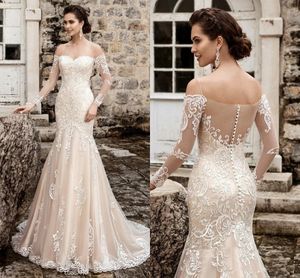 Cold Shoulder Sheer Long Sleeves Wedding Dress with Illusion Back Lace Bridal Dress