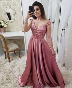 Seksi V Yaka Dantel Aplikler Uzun Gelinlik Modelleri Zarif Kapalı Omuz A-Line Örgün Parti Elbise Ile Kemer Vestidos de Gala