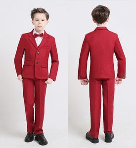 Ярко-красные смокинги для торжественных случаев для мальчиков, с отворотом и двумя пуговицами по центру, детские свадебные смокинги, детский костюм (куртка + брюки + галстук-бабочка + жилет)