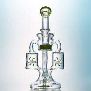 Bong in vetro verde viola Narghilè Double Recycler Bong Elica Spinning Percolatore Oil Rigs Dab Rig 14mm Joint Water Pipes Con Heady Bowl XL167