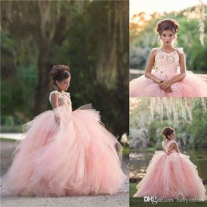 Güzel Pembe Yeni Prenses Kızlar Pageant Elbiseleri Mücevher Kolsuz Balo Elbise Alet Spagetti Kayışları Katmanlar Uzun Çocuk Tül Filmli Eldeleri S