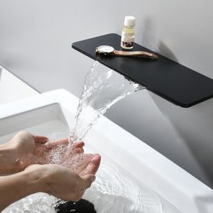 Duvara monte havzası musluk mat siyah pirinç banyo şelale mikser su musluk banyo soğuk ve sıcak su muslukları