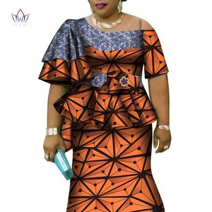 Afrika Ruffles Sleeve Baskı Üstleri ve Etek Setleri Kadınlar için Bazin Riche Afrika Giyim