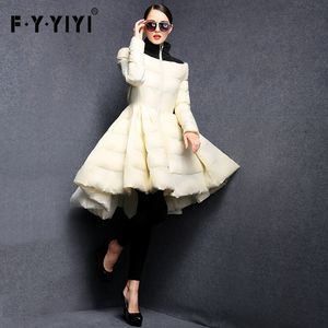 Fyyiyi Salia de onda plissada 2018 Nova moda feminino inverno Jackets Aquecimento Long Slim Coat Feminino Big Swing Ladies Outwear Dress
