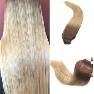 100g 40Pcs Ombre #8/613 Brown To Light Color Silk Straight Tape In Hair Extension In Stock