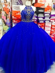 Недвижимость Изображения Королевский Синий Пром Платья Бальное Платье Vestidos Де Пышное 2020 Высокая Шея Золотой Кристалл Бисером Открытой Спиной Сладкий 16 Девочек Вечерние