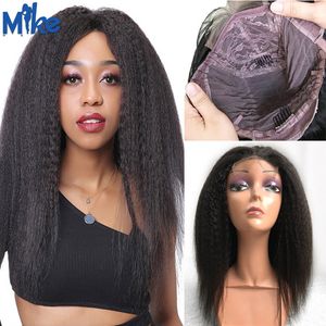 Kinky Düz İnsan Saç Saç Peruk 4x4 Kapanış Peruk Brezilyalı Remy Saç Peruk Siyah Kadınlar Için 150% Yoğunluk Dantel Peruk 8-22 inç