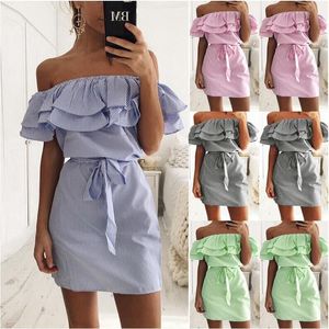 Omuz kemeri Gömlek Kapalı Elbise Kadınlar Straplez Çizgili Ruffles boyun yaz plaj elbise Casual Tatil Robe Sundress LJJA2500 çizgi