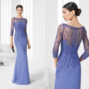 2020 Gelin Annesi Elbiseleri Jewel 3/4 Uzun Kollu Illusion Aplike Payetler Boncuklu Anne Elbisesi Kat Uzunluk Düğün Konuk Elbisesi