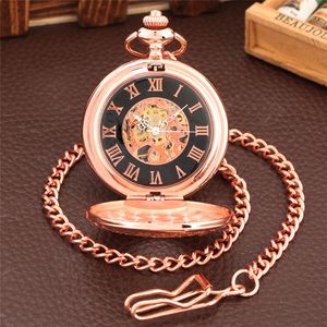 Steampunk Antique Watches Rose Gold/Silver Hollow Out Case Unisex Pocket Watch Skeleton Hand Winding Mechanical Clock FOB Pendant Chain