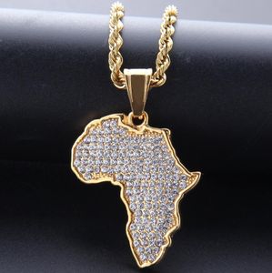 Hip Hop African Maps Full Drill Pendente Colares Conjunto Banhado a Ouro 14kK Auger Cristal Colar de Aço Inoxidável Homens Mulheres Jóias Presentes