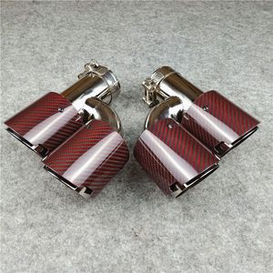 2 PCS Universal Double Exhaust Muffler Tips H Style Straight Edge Red Carbon Fiber + Stainless Steel Dual End Pipe For Car Accessories