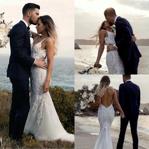 Beach Mermaid Wedding Dresses Sexy V Neck Lace Appliques Bridal Gowns Sweep Train Backless Wedding Dress robes de mariée