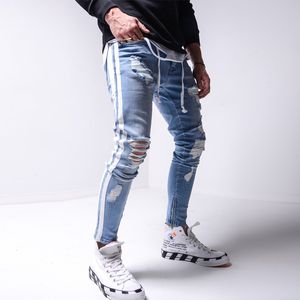 Erkek Kot Yırtık kalem pantolon Erkekler Skinny Denim Biker Yan Çizgili Tahrip Delik Hip Hop Slim Fit Erkek Çizik Jean Hombre