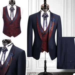 2020 New Mens Suits 3 Pcs Printed Wedding Tuxedos Slim Fit Designer Groom Groomsmen Suit Mens Formal Wear